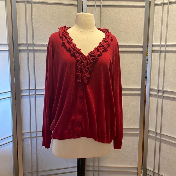 *Red Talbots V Neck Sweater With Ruffle Size 2XL Plus - Picture 1 of 9